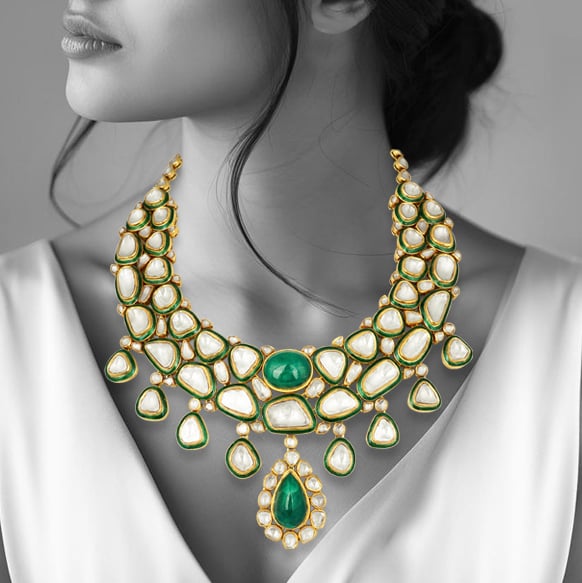 Polki Necklace with Green Meena and Emerald Cabochons